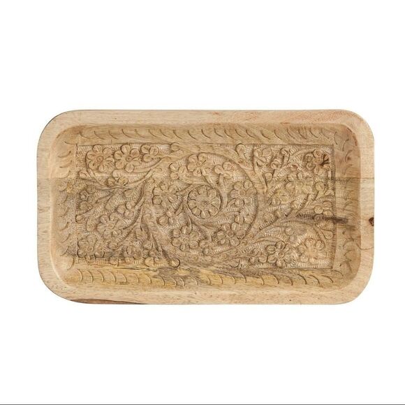 Hand Carved Mango Wood Tray Floral Design NWT boho catch all - Picture 2 of 4